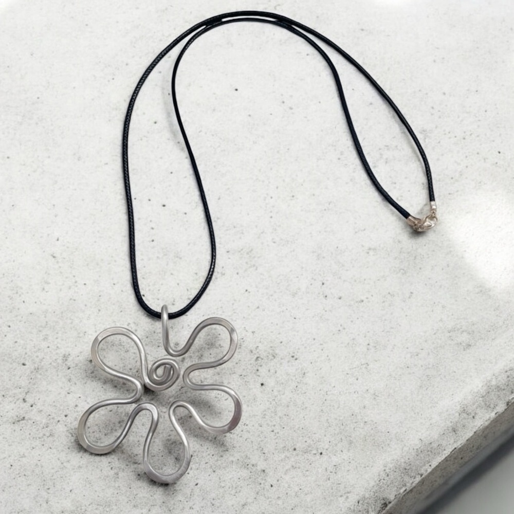 Sterling Silver Flower Necklace Artsy Art Hammered Metal Pendant Hippie Boho